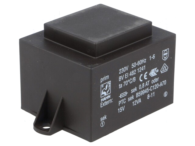 Transformator: ingegoten; 12VA; 230VAC; 15V; 800mA; PCB; BVEI Transformator: ingegoten; 12VA; 230VAC; 15V; 800mA; PCB; BVEI